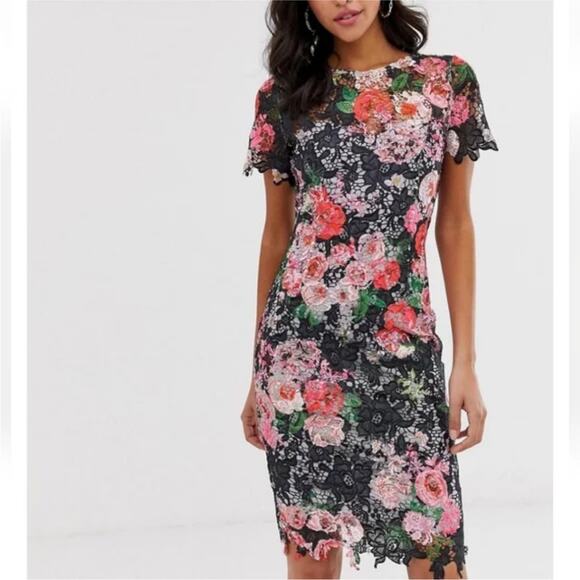 ASOS Paper Doll Colorful Floral Lace Coquette Scalloped Feminine Dress 4P - Picture 1 of 6
